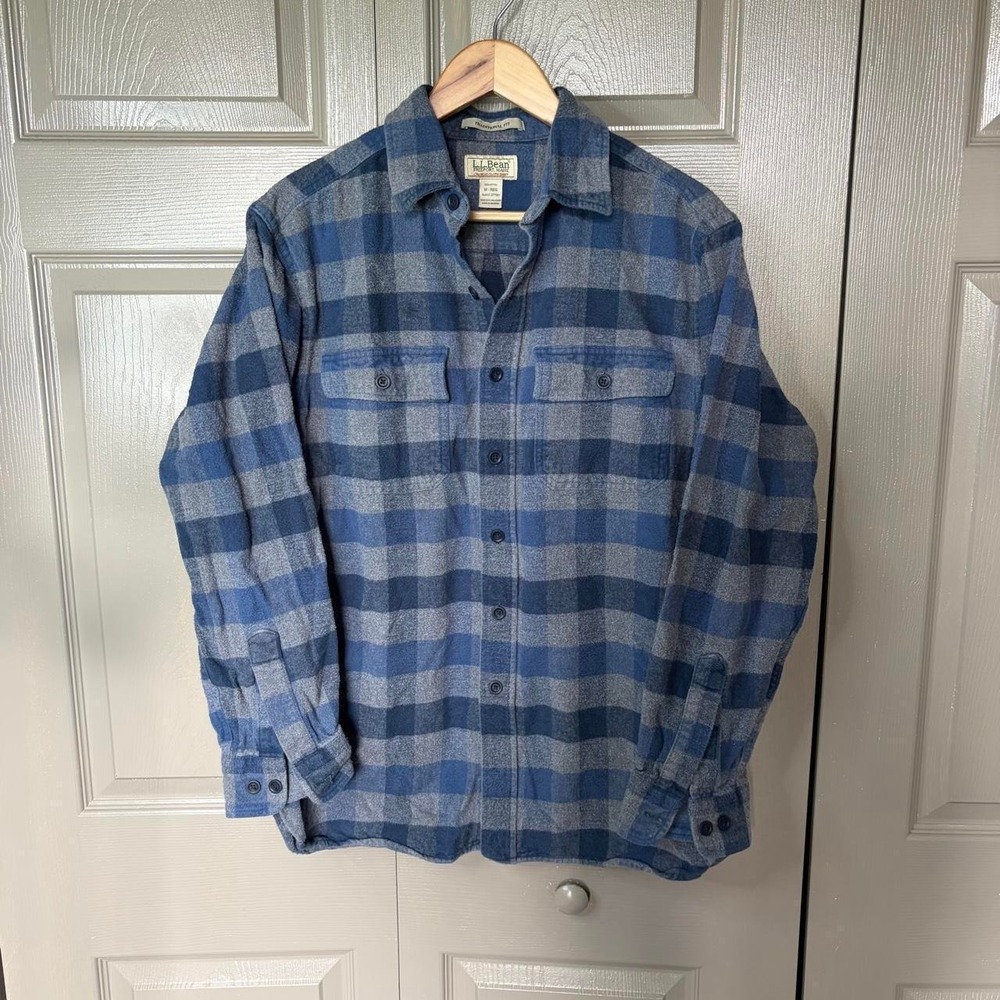 LL Bean Mens Chamois Cloth Flannel Shirt Blue Grey Plaid Traditional Fit M